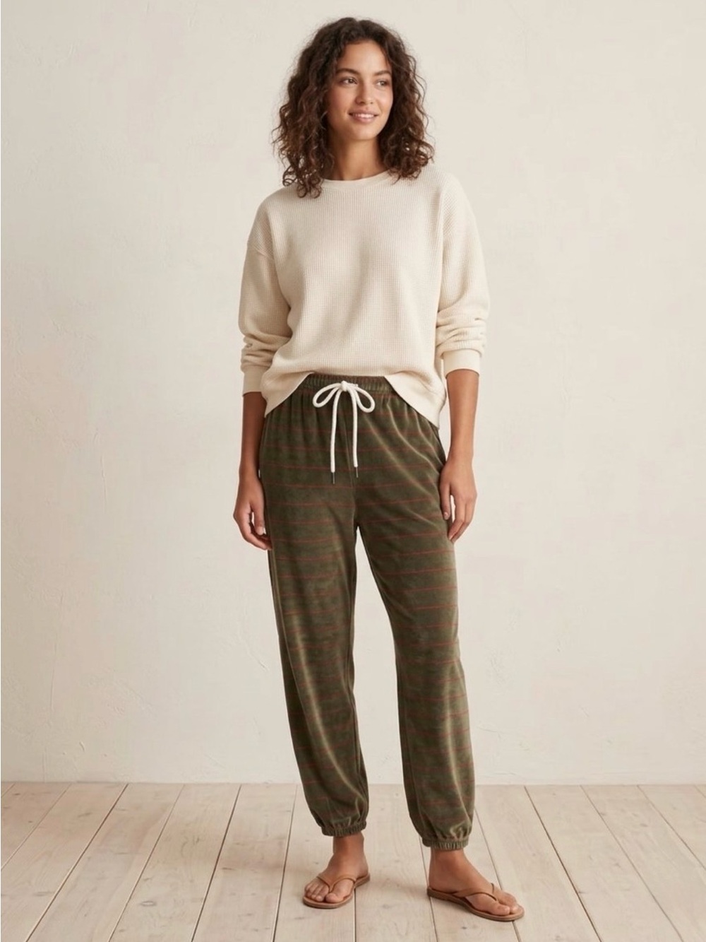 THE GREAT Velour Stadium Sweatpant in Army Pin Stripe